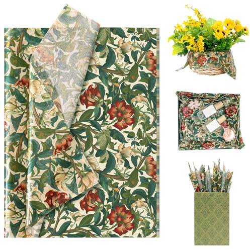 Larcenciel Seidenpapier DunkelGrün, 60 Blatt Vintage Blumen Seidenpapier Verpackungsmaterial für Geschenktüte Füllmaterial, Matte Geschenkpapier für Geburtstage, Hochzeit, Jubiläen, Basteln, 50x35CM
