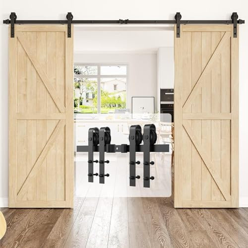 Kit de quincaillerie pour porte de grange coulissante robuste et robuste, monorail à double porte - Facile à installer en douceur et en silence - Convient au panneau de porte de 3