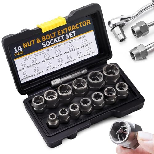 14 PCS Bolt Extractor Set, Impact Bolt & Stripped Lug Nut Stud Extractor Set Stripped Bolt Extractor Socket Set for Damaged Frozen Studs Rusted Removing Bolts & Nuts Screws