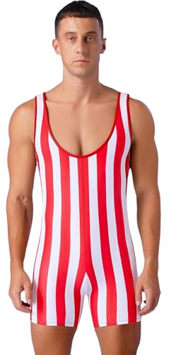 Moggemol Männer Strongman Kostüm Gestreifter Wrestling Singlet Bodysuit Zirkus Muskel Kostüm Für Halloween