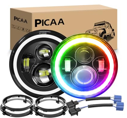 PICAA 2er Set 7-Zoll LED Scheinwerfer für Motorrad mit Montagehalterung | RGB Halo Blinker & Weißem Tagfahrlicht (DRL), Abblend-/Fernlicht – Kompatibel mit Jeep Wrangler JK, TJ, CJ, LJ