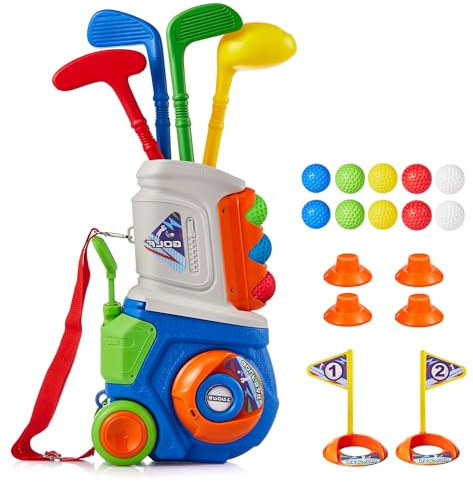 PJG Toddler Golf Set, Plastic Kids Golf Clubs Ages 1 2 3 4 5 Years Old with 4 Golf Clubs and 10 Balls, Indoor and Outdoor Toddler Golf Toys with Cart for Boys and Girls Birthday (Blue)