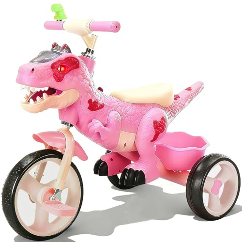 NMM Triciclo Dinosauro Con Clacson e Cesto Portaoggetti, Triciclo Bambini 2, 3, 4, 5, 6 Anni, Con Musica e Luci, Regali di Compleanno e Natale Adatti a Bambini e Bambine - Rosa
