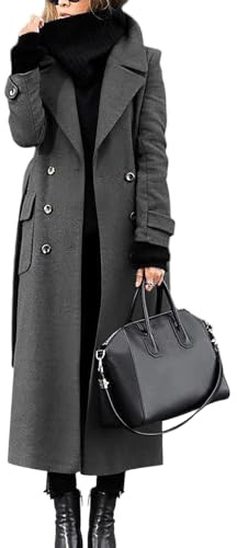 Damen Wintermantel Lang Warm Wolle Mantel Elegant Zweireihig Dicke Winterjacke Warme Lange Wollmantel Damen Winter Trenchcoat mit Gürtel Frauen Mäntel Übergang Damenmantel Winter Revers Einfarbig