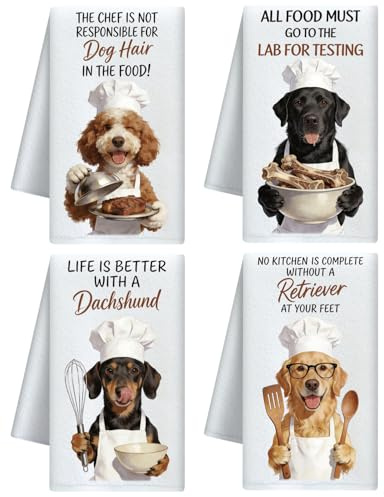 CUTHOLLOW 4er-Set Geschirrtücher mit Kochender Hund Motiv - Weich & Saugfähig - Deko Trockentuch Microfaser für Küche, Tee, Kaffee, Bar, Zuhause, Einweihung, Geburtstag