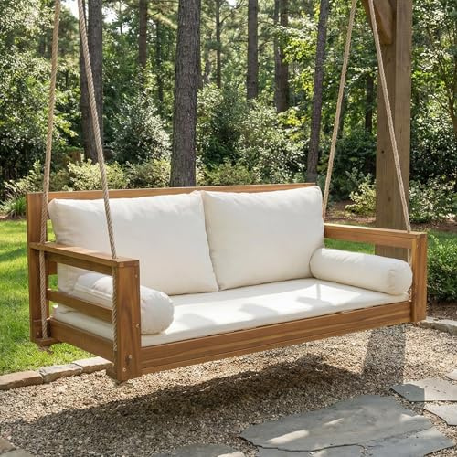 Hollywoodschaukel 2 Sitzer aus Akazienholz, Gartenschaukel mit Kissen und 2 Aufhängeseilen, Doppelsitz für Garten, Terrasse und Balkon, hollywoodschaukel Holz Outdoor(Beige)