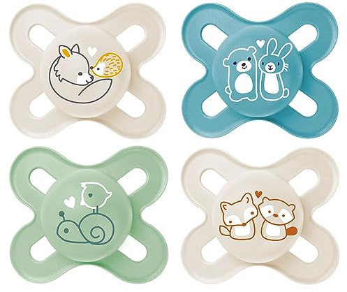 MAM Skin Soft Silikon Schnuller Start speziell für Früh- und Neugeborene extra klein // 0-2 Mo. Boy // 4er Set // inkl. 2 Sterilisiertrasportboxen