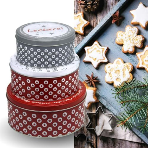Bada Bing 3er Set Keksdose Plätzchenversteck aus Metall mit Deckel runde Plätzchendose Dekorative Weihnachtsplätzchen-Box für Kuchenaufbewahrung in drei Größen