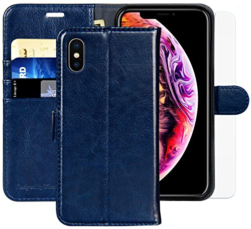 MONASAY iPhone Xs MAX Wallet Case,6.5-inch, [Glass Screen Protector Included][RFID Blocking] Flip Folio Leather Cell Phone Cover with Credit Card Holder for iPhone Xs MAX,Blue