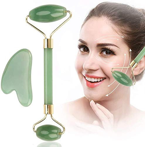 Atyhao Rouleau de Jade, Rouleau de Pierre de Jade Aventurine Verte à Double tête Naturelle et Plaque de Mise au rebut pour amincir raffermissant Supprimer Les Rides