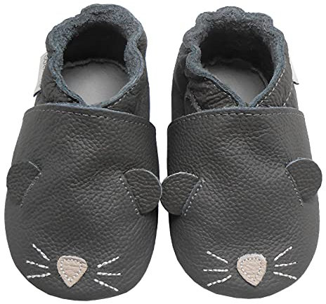 Bemesu Krabbelschuhe Baby Lauflernschuhe Jungen Mädchen Weiche Leder Lederpuschen Hausschuhe kleinkind Barfußschuhe Baby Sockenschuhe Babyschuhe Grau Mäuschen (S, 0-6 M, EU 18/19)