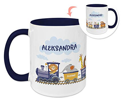GRAZDesign Kindertasse mit Namen, Tasse Kinder, personalisierte für Junge Trinkbecher Kindergeschirr Kinder Becher Dunkelblau, Keramik BPA-frei, 330ml Zug mit Tieren