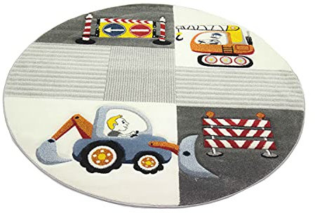 CARPETIA Spiel Teppich Kinderzimmer Baustelle Straßenschilder Bagger Kran Creme grau gelb Größe 120 cm Rund