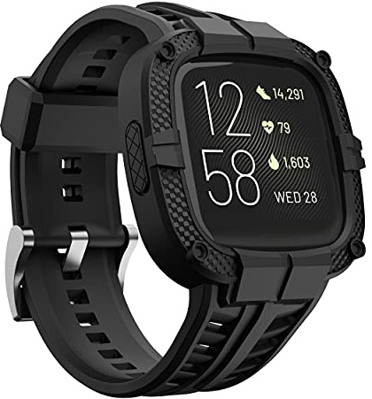 GELISHI Kompatibel mit Fitbit Versa 2, Rundum-Schutzhülle, robustes Sportband, Armbänder für Männer und Frauen, Schwarz
