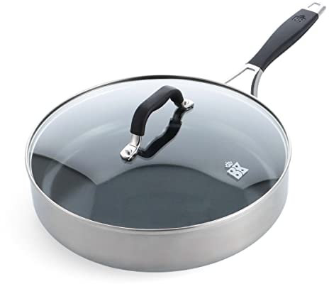 BK Intelligence Sauteuse de 28 cm/3,6 L en Acier Inoxydable avec Revêtement Antiadhésif en Céramique sans PFAS, Induction, Poignée Rester Froid, Va au lave-vaisselle, Va au four, Argent & Noir