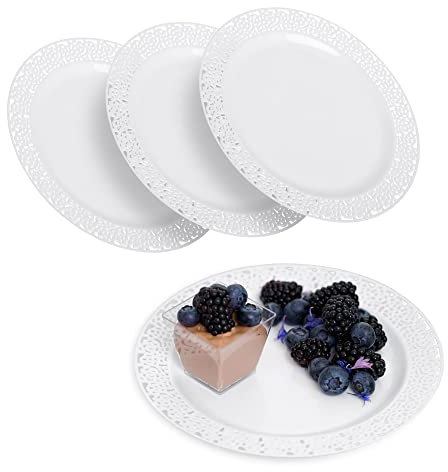 STACKABLES - Lot de 20 assiettes en plastique dur avec bordure ronde en dentelle blanche - Multifonctions et réutilisables - Assiettes de 19,1 cm