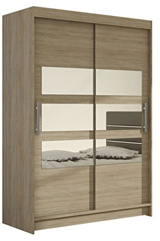Mirjan24 Kleiderschrank Miami V mit Spiegel, Modernes Schlafzimmerschrank, Garderobe, Schiebetürenschrank, Schlafzimmer (Sonoma Eiche, ohne Beleuchtung)