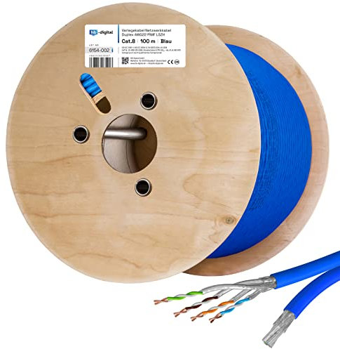 hb-digital 100 m duplex Cat 8.1 cable de red cable de instalación cable de datos Ethernet LAN Cat.8 40 Gbit/s cobre S/FTP 2000 MHz PIMF LSZH Cat8 libre de halógenos RoHS-Compliant AWG 22/1 azul