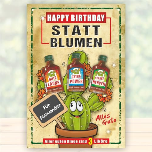 AV Andrea Verlag Große A4 Glückwunschkarte PERSONALISIERBAR - Statt Blumen - Grußkarte mit Schnaps Likör Kräuterlikör | Geburtstagskarte Blumenstrauß für Männer zum Geburtstag | Männergeschenk