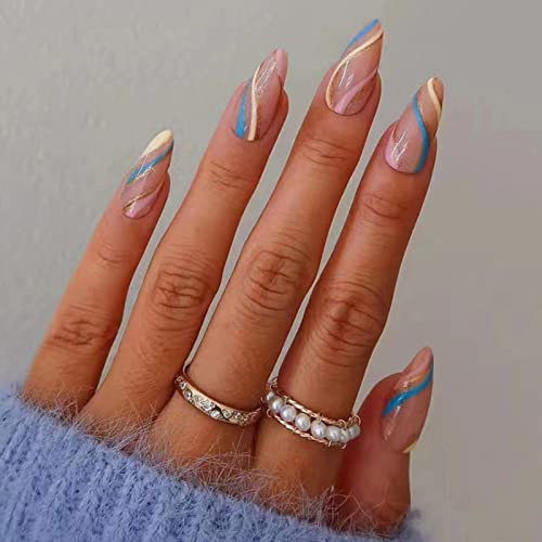 JUSTOTRY 24 Stück Press on Nails Mandel Kurz, Rainbow French Künstliche Nägel mit Wavy Design, Oval Kunstnägel Nägel Zum Aufkleben, Acryl Fingernägel Fake Nails Kurz für Frauen