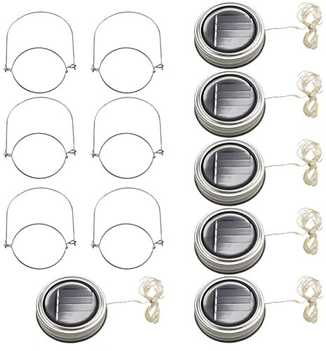 Hopbucan Solar Luci Coperchio Vaso, 6 Confezione 20 Led Jar Coperchi Luci, 6 Ganci nel Dotazione (Vasetti Non Inclusa), Patio con Giardino Solari Laterns Lampade Da Tavolo Decor
