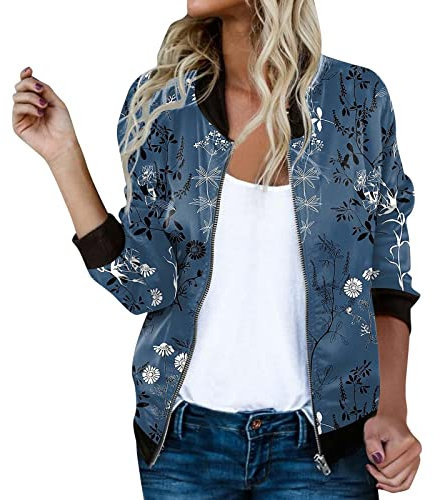 RYTEJFES Bomberjacke Damen Leicht mit Reißverschluss Freizeit Langarm Fliegerjacke Blouson Blumen Gedruckt Mantel Retro College-Jacke Herbst Cardigan Stehkragen Outwear Sweatjacke