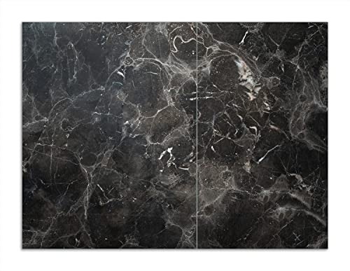 Wallario Herdabdeckplatte/Spritzschutz aus Glas, 2-teilig, 70x52cm mit 13 mm hohen Füßen, für Ceran- und Induktionsherde, Schwarze Marmor-Optik