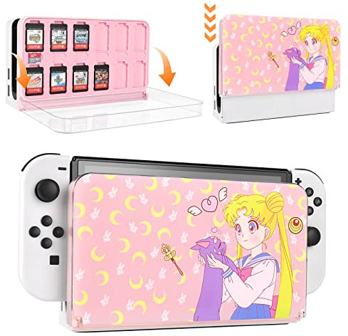 DLseego Game Card Case for Switch OLED Dock,Scratch and Dust Resistant Hard Cover for Switch OLED Dock,Game Storage Card Box with 12 Switch Game Cards and 6 Micro SD Cards-Pink