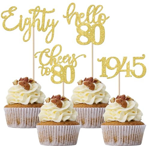 24 Stück 80 Geburtstag Cupcake Toppers Glitter Eighty seit 1945 Prost auf 80 Cupcake Picks Hallo 80 Jahre Geburtstagskuchen Dekorationen für glückliche 80 Geburtstag Jubiläum Party Gold