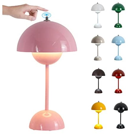 O·Lankeji LED Flowerpot Tischlampe Kabellos Akku, Touch Dimmbar Tischleuchte Pilz Lampe mit 3 Helligkeitsmodi, Dekorative Nordeuropa Schreibtischlampe für BüRo, Bars, Wohnzimmer, Schlafzimmer, Rosa