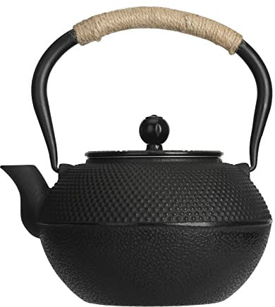 Happy Fox Cast Iron Tea Kettle - Black Japanese Tea Kettle with Removable Tea Leak for Tea Bags and Loose Tea Leaves. Durable 900ml stovetop Kettle for Home, Camping and Tea Parties