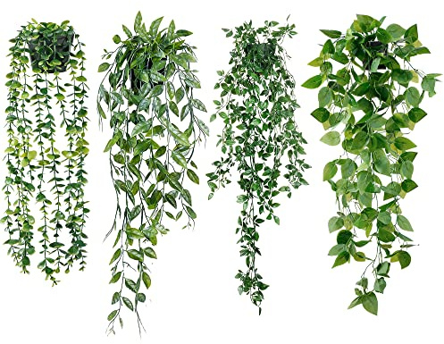 Sggvecsy Fake Hanging Plants 4 Pack Artificial Hanging Eucalyptus Plants Fake Potted Greenery Faux Eucalyptus Mandala Vine Ivy Vine Leaves Pea Pod for Home Indoor Outdoor Wall Garden Decor