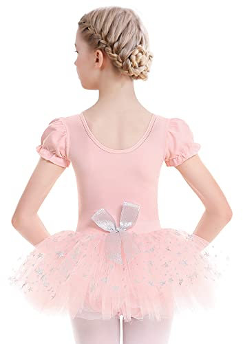 Aiseyi Ballettkleid Tanzkleid Mädchen Kinder Ballett Tutu Kurzarm Ballettanzug Baumwolle Tanzkleider Balletttrikot mit Rock Rosa 130