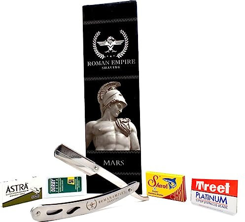 Razor Blades Club Mars Rasiermesser von Roman Empire Shaving, professioneller Rasierer für Bart, Schnurrbart und Konturen mit 20 Klingen (Astra-Derby-Shark-Voskhod) (Stahl, 1 Einheit (1 Packung)