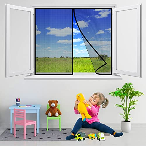 Magnet Fliegengitter Fenster Insektenschutz, 65x60 cm Anti Moskito Fliegengitter für Fenster von oben nach unten automatisch abdichtend für Kinderzimmer, Schwarz P