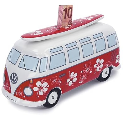 BRISA VW Collection - Volkswagen Spar-Büchse-Schwein-Dose mit Surfbrett im T1 Bulli Bus Samba Design (Flower Power/Rot)