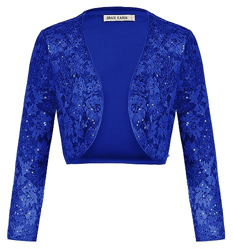 GRACE KARIN Damen Langarm Pailletten Bolero Glam Jacke Disco Funken Beschnittener Shrug Reinblau M