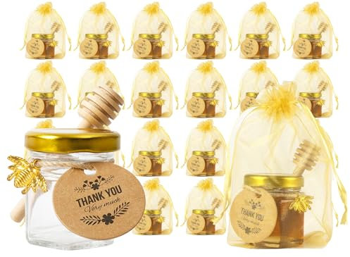 Lot de 24 mini bocaux hexagonaux en verre de 42,5 g avec couvercle doré, pendentif abeille, bâtons de miel, sacs cadeaux dorés, étiquettes de remerciement, ficelle en jute, fête prénatale, cadeaux de