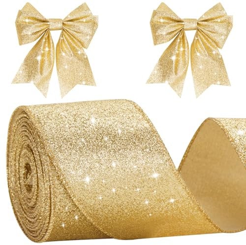 KINGLAKE 10M Geschenkband Mit Draht Gold, Drahtband Glänzend 6cm, Weihnachtenband, Schleifenband, Dekorativ Band für Geschenk Verpackungen, Kranz, Handwerk, Weihnachts und Hochzeit