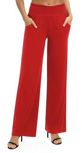 EXCHIC Damen Leichtgewicht Elastisch Hohe Taille Hose Casual Weite Bein Dehnbar Lounge Hosen mit Taschen (XL, Rot)