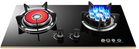 BZJPRFC Cuisinière À Gaz 2 Feux, Gauche : 5,0 KW, Droite : 7,2 KW Flamme Élevée, Minuterie 180 Minutes, avec Protection Contre L'extinction, Kit GPL/gaz Naturel (Size : LPG)