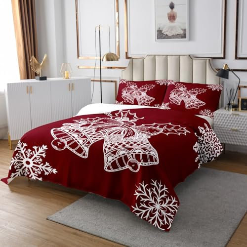 Parure de lit 3 pièces avec courtepointe de Noël pour femme – Literie légère rouge et blanc – Couvre-lit géométrique flocon de neige en microfibre douce pour très grand lit, toutes saisons
