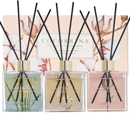 Cocorrína Profumatore per Ambienti, 3 Pack/ 90ml Cashmere Vaniglia/Sandalo Rosa/Lino Pulito Diffusore Profumo Ambiente con 24 Bastoncini, per Bagno, Appartamento, Decorazione Della Casa