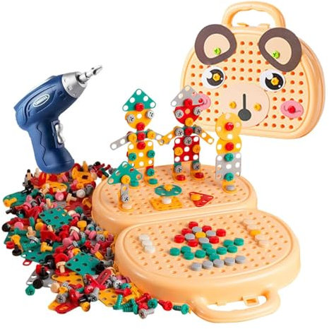 EHOTER Magic Montessori Play Toolbox Boîte à Outils Montessori avec Perceuse Kit De Jouets Créatifs 3D Jouets De Puzzle Mosaïque Créative Cadeaux pour Enfants Garçons Filles (Chien)