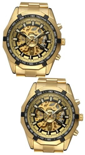 VALICLUD 2pezzi Orologio Meccanico Automatico Da Uomo Con Cinturino Acciaio Inossidabile Stile Hollow e Nero Movimento Preciso Funzioni Secondi Minuti e Ore