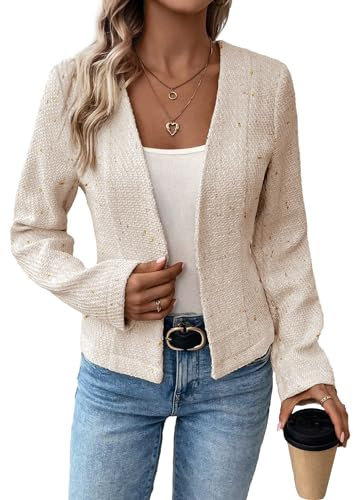 Mina Self 2025 Damen-Blazer, Tweed, komplett gefüttert, kragenlos, vorne offen, elegant, zierlich, niedlich, modisch, lässig, Arbeitsjacke, Beige-3, M