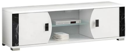 AltoBuy Ariane - Meuble TV 2 Portes et 2 Niches Blanc avec Décor Latéral Aspect Marbre Noir