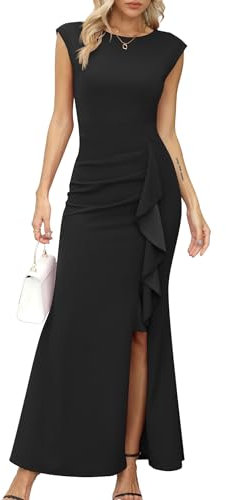 Missufe Robe de soirée maxi pour femme avec manches bouffantes et ouverture en forme de sirène pour mariage, cocktail, bal, Noir , X-Small