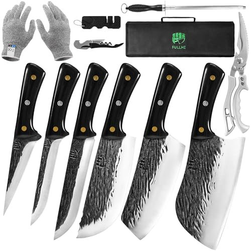 FULLHI Ensemble de couteaux de boucher avec ciseaux de cuisine, couteau de chef avec ciseaux, couteau à poisson en acier au carbone pour la cuisine, le camping, le barbecue (Noir, 12 pièces)