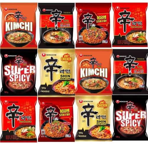 Nongshim SHIN Ramyun Korean Ultimate Spicy Ramen Bundle - Original, Red, Black, Kimchi & Stir Fry Noodles (Shin x 2, Black x 2, Red x 2, Kimchi x 2, Stir Fry x 2 & Spicy Chicken x 2)